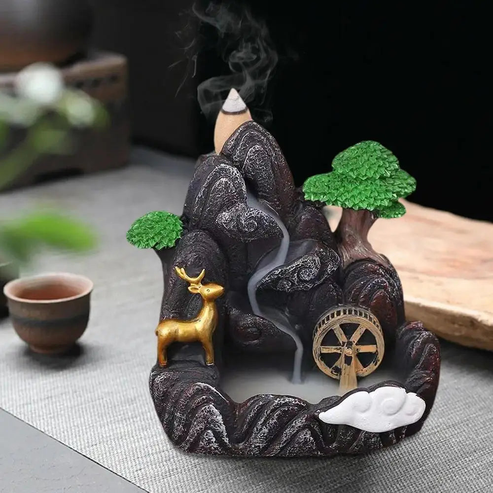 Waterfall Incense Burner Holder – Mountain River Backflow Cones for Home & Office Decor