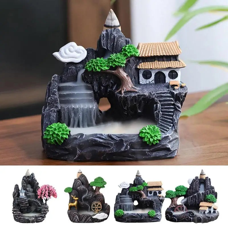 Waterfall Incense Burner Holder – Mountain River Backflow Cones for Home & Office Decor